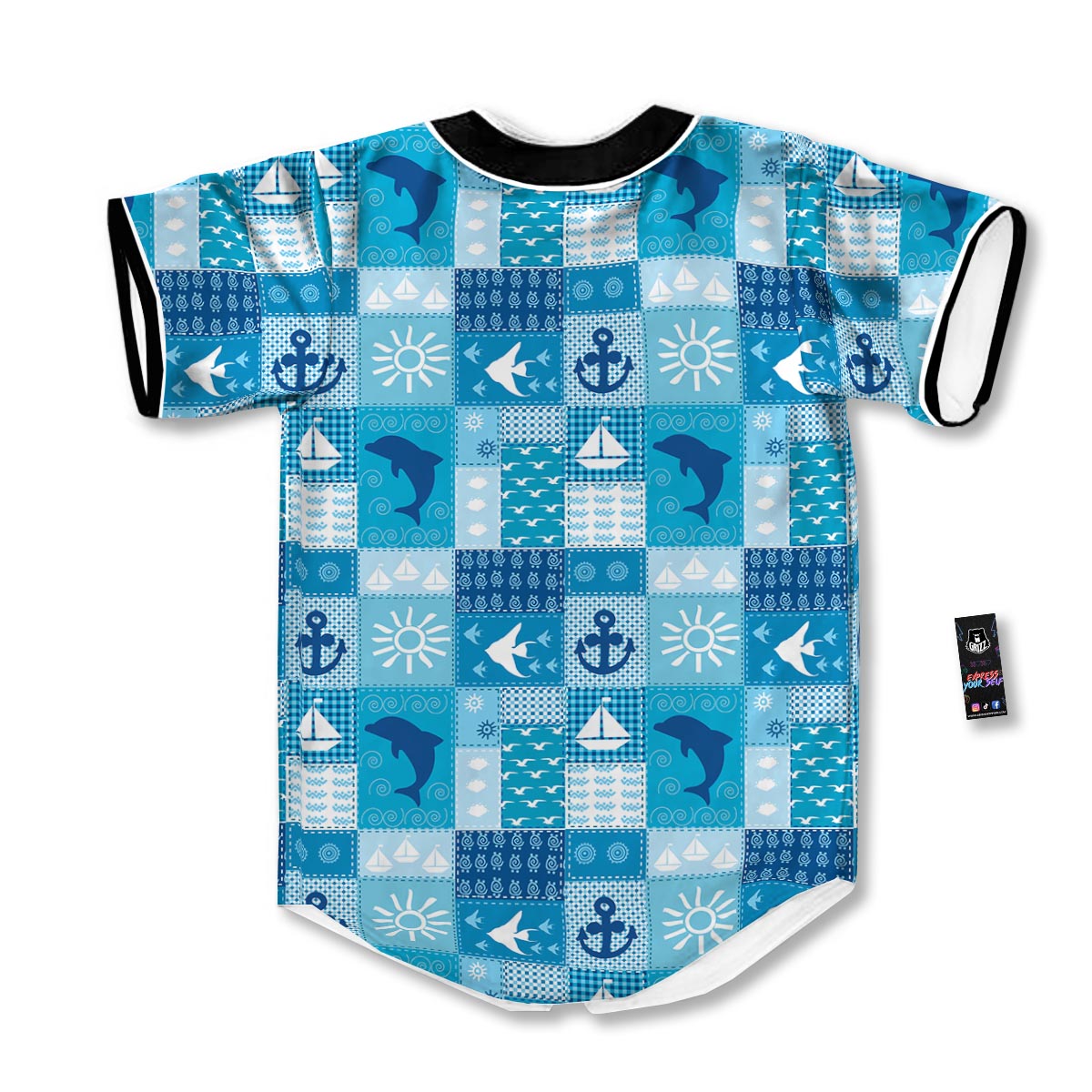 Nautical Sea Animal Patchwork Retro Print Pattern Baseball Jersey-grizzshop