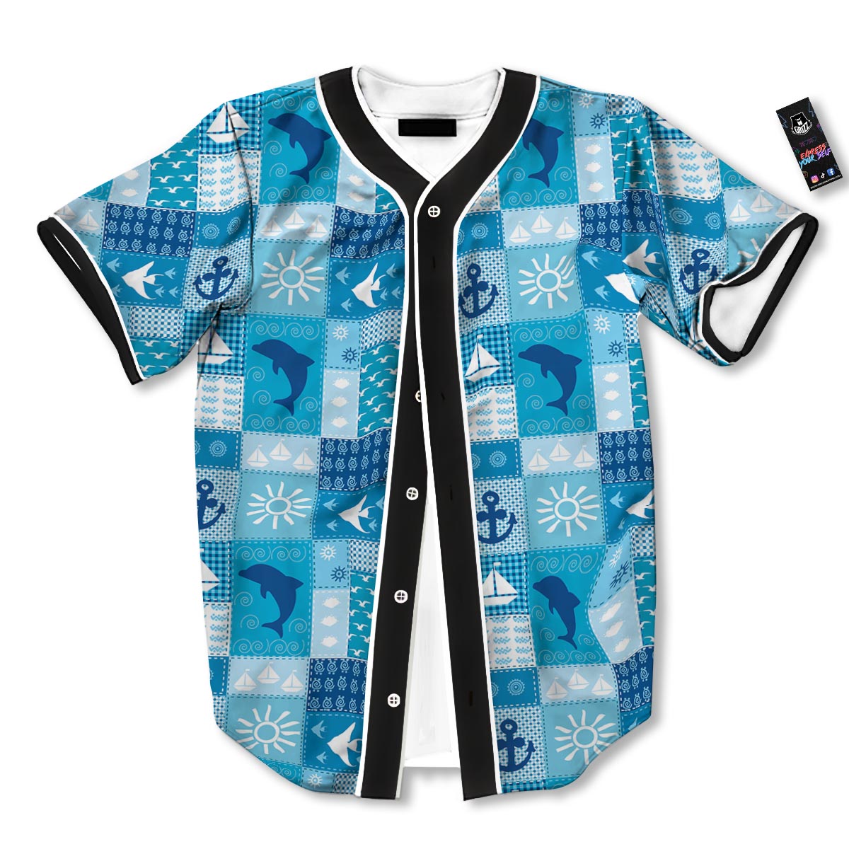Nautical Sea Animal Patchwork Retro Print Pattern Baseball Jersey-grizzshop