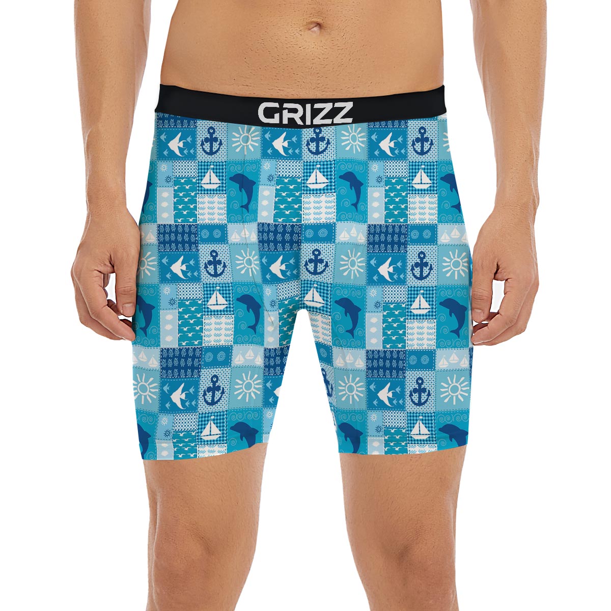 Nautical Sea Animal Patchwork Retro Print Pattern Boxer Briefs-grizzshop