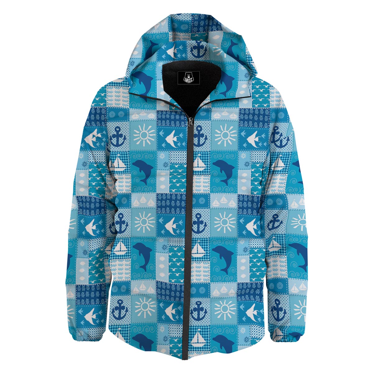 Nautical Sea Animal Patchwork Retro Print Pattern Down Jacket-grizzshop