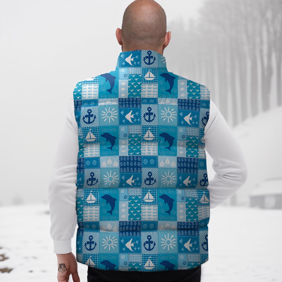 Nautical Sea Animal Patchwork Retro Print Pattern Down Vest