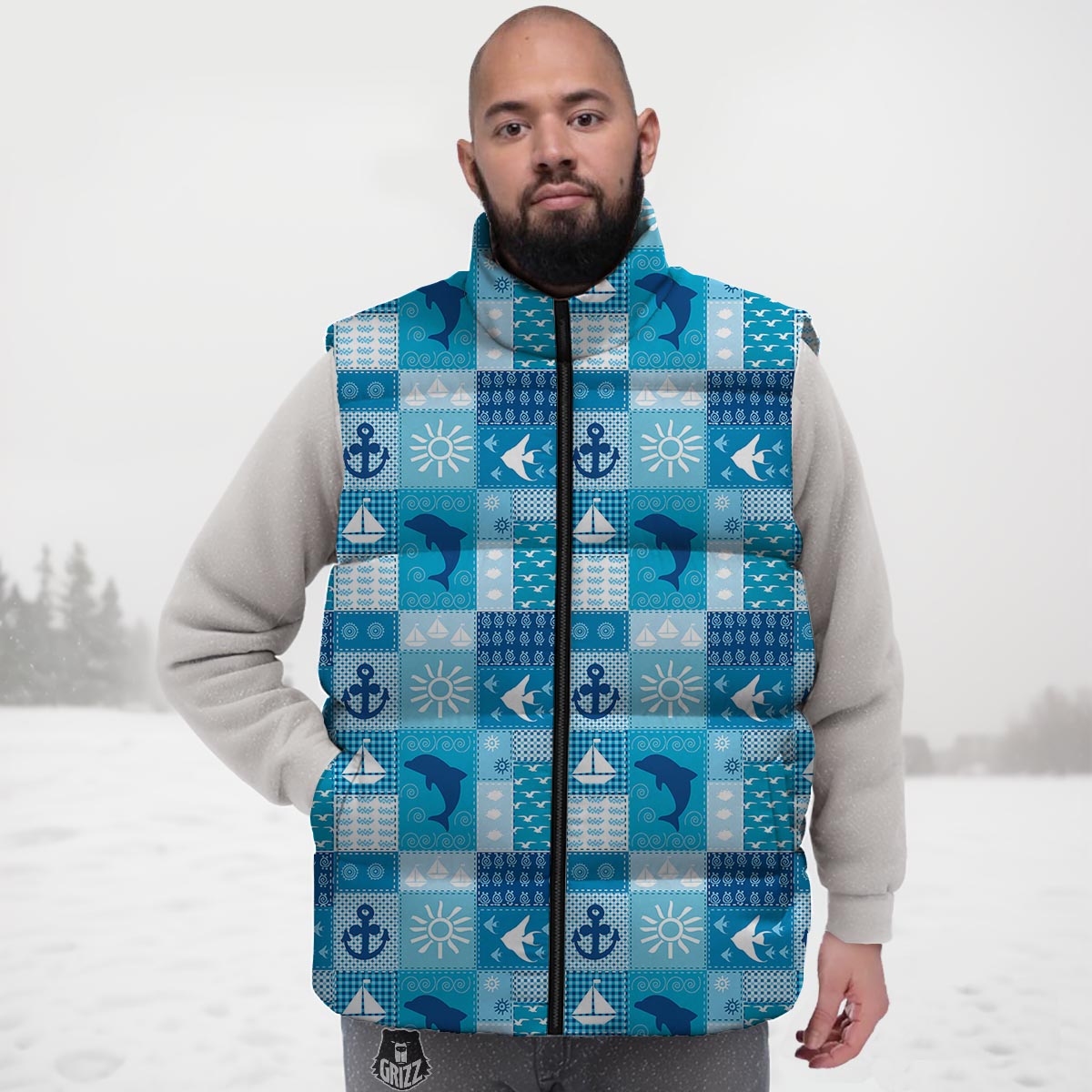 Nautical Sea Animal Patchwork Retro Print Pattern Down Vest