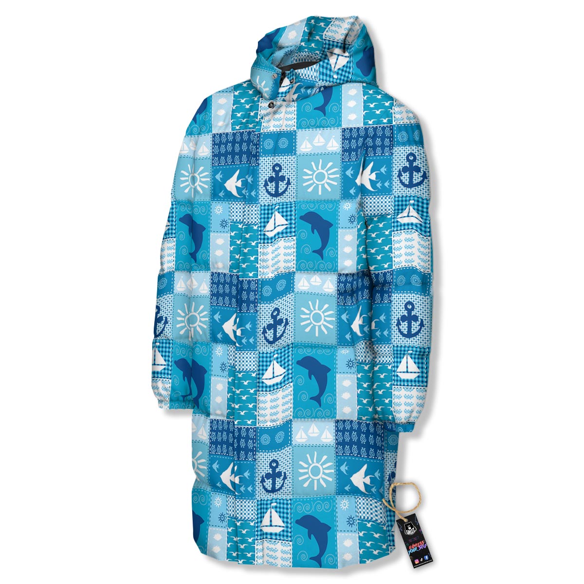 Nautical Sea Animal Patchwork Retro Print Pattern Long Down Jacket-grizzshop