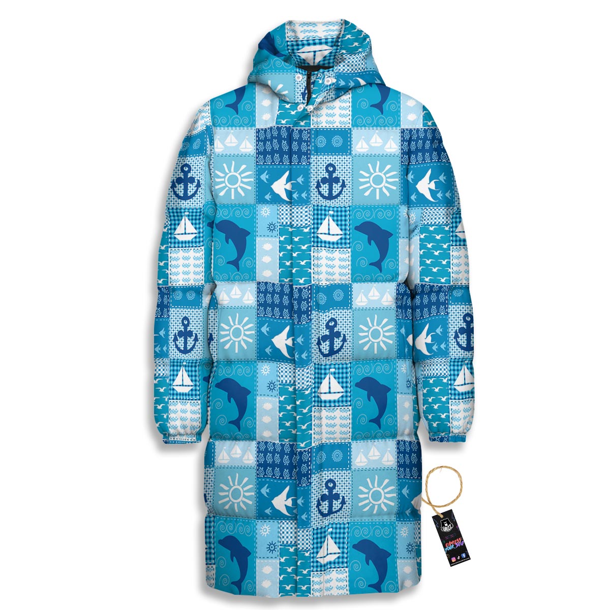 Nautical Sea Animal Patchwork Retro Print Pattern Long Down Jacket-grizzshop