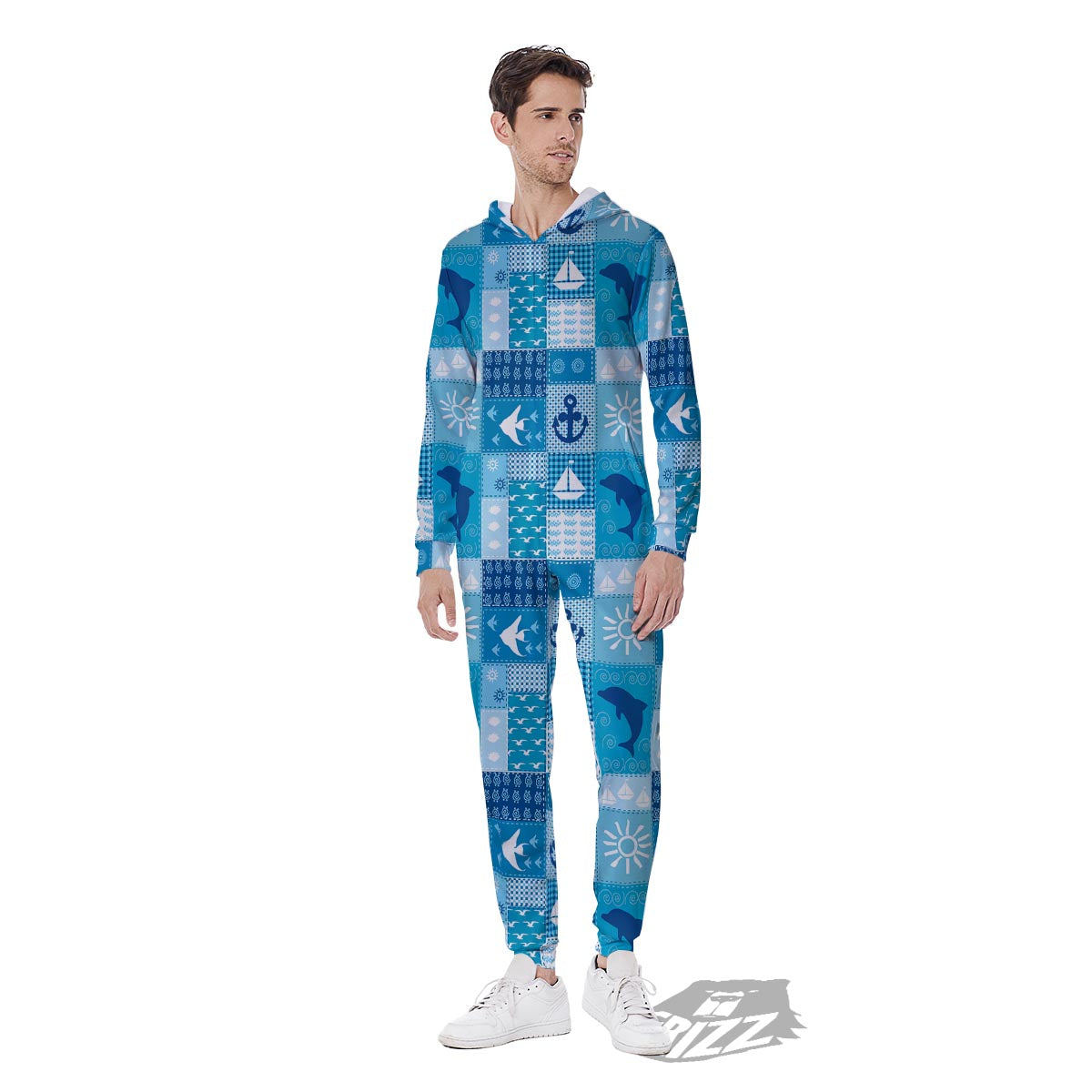Nautical Sea Animal Patchwork Retro Print Pattern Men's Jumpsuit-grizzshop