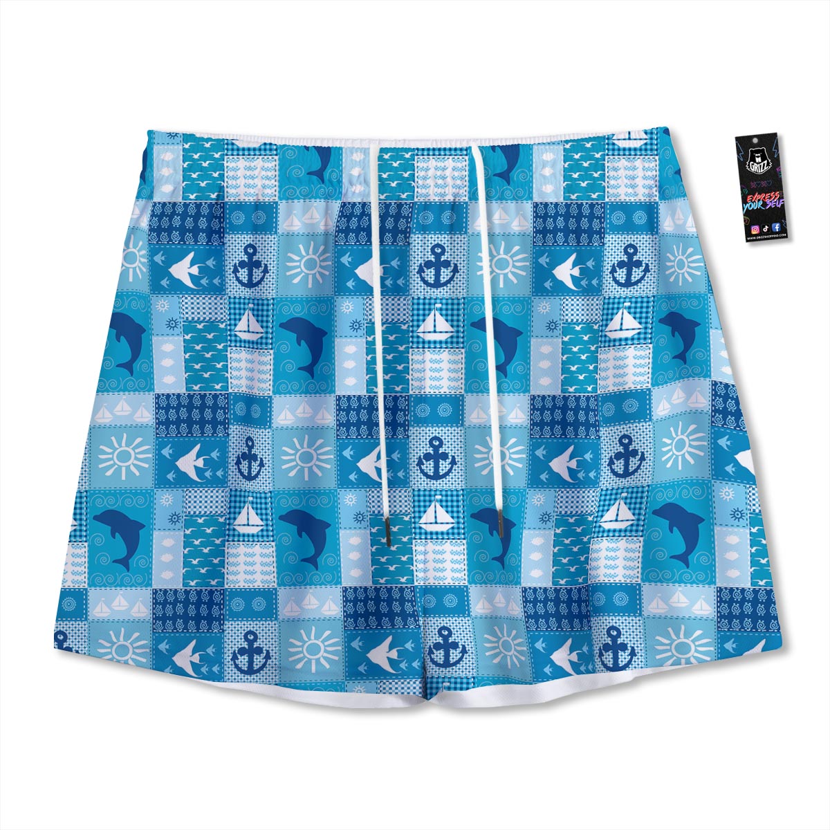 Nautical Sea Animal Patchwork Retro Print Pattern Mesh Shorts