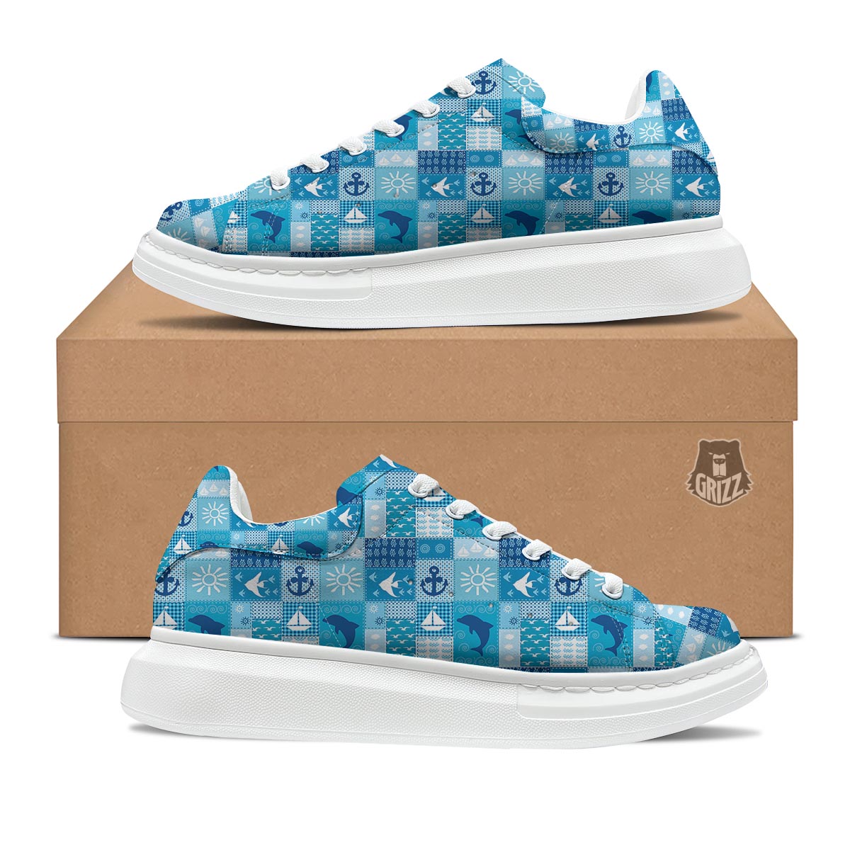 Nautical Sea Animal Patchwork Retro Print Pattern Platform Shoes-grizzshop