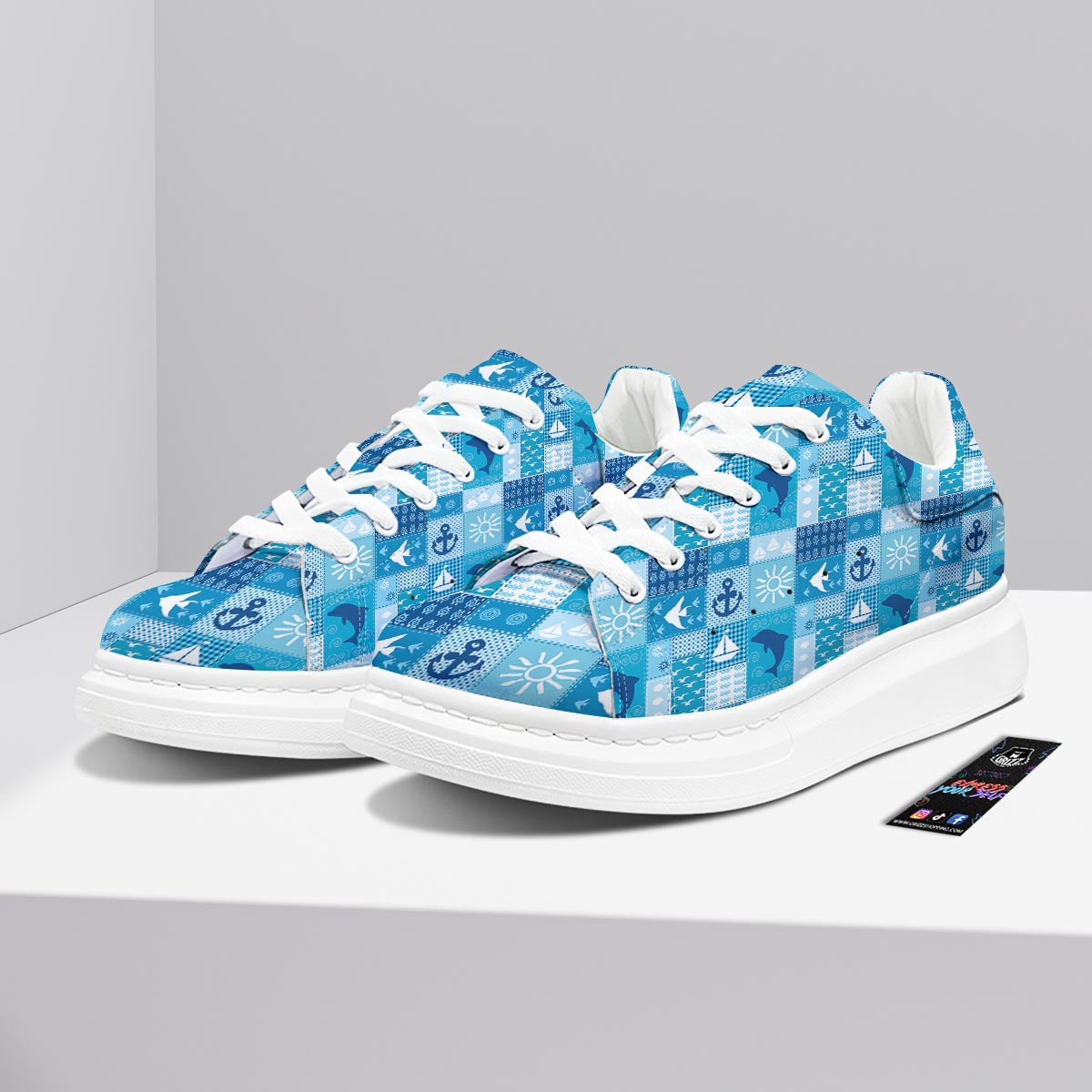 Nautical Sea Animal Patchwork Retro Print Pattern Platform Shoes-grizzshop