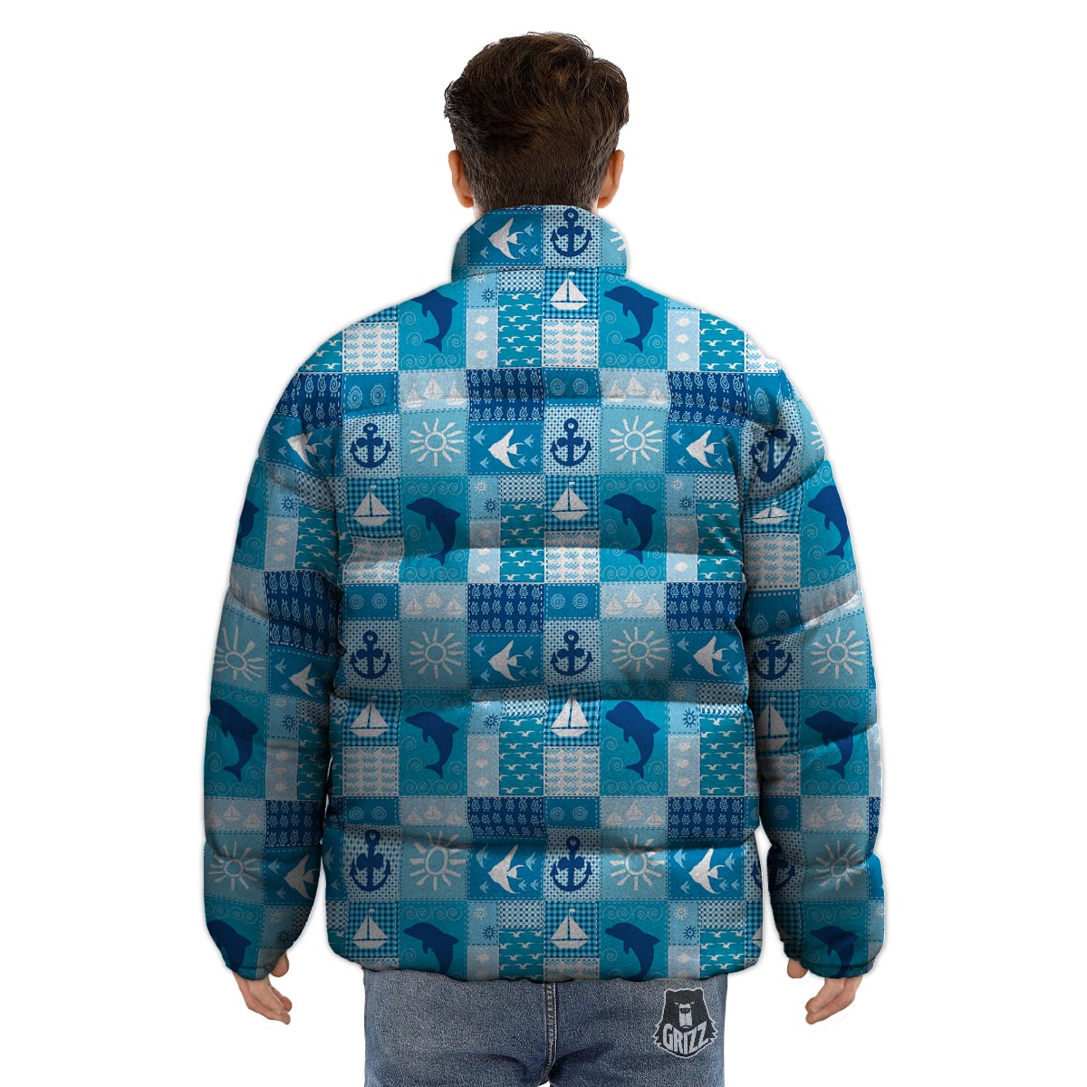 Nautical Sea Animal Patchwork Retro Print Pattern Puffer Jacket-grizzshop