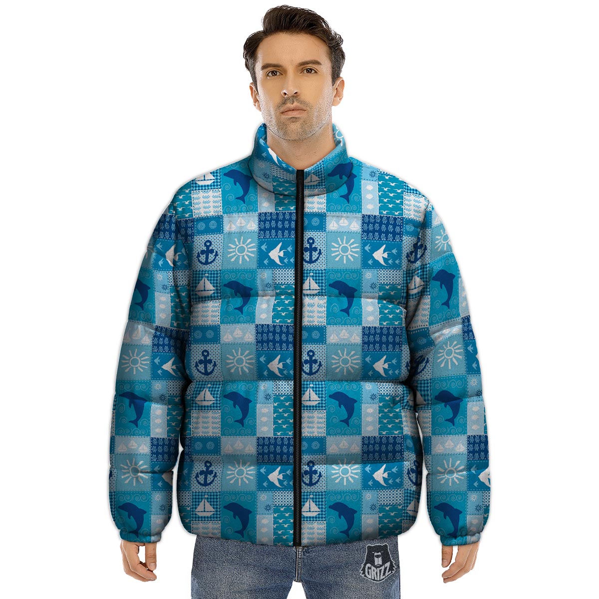 Nautical Sea Animal Patchwork Retro Print Pattern Puffer Jacket-grizzshop