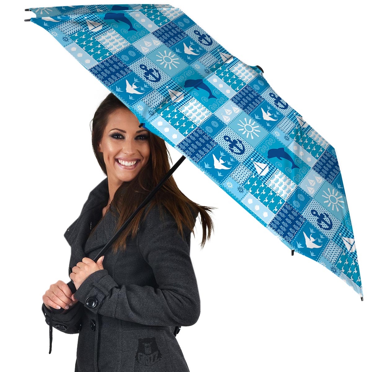 Nautical Sea Animal Patchwork Retro Print Pattern Umbrella-grizzshop