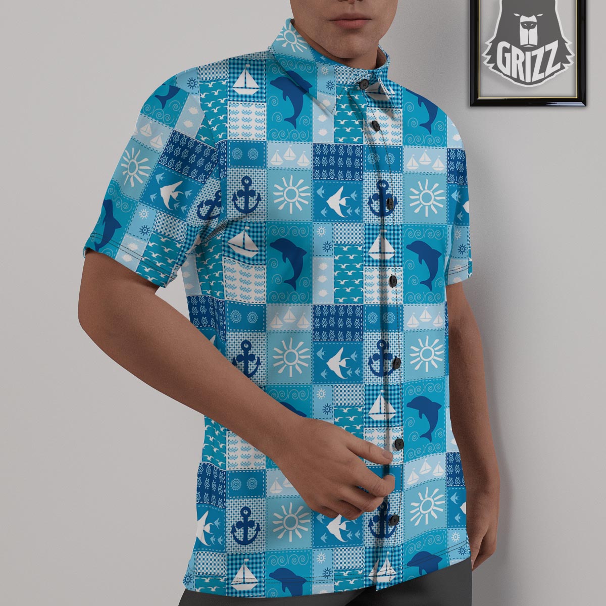 Nautical Sea Animal Patchwork Retro Print Pattern Untucked Shirts-grizzshop