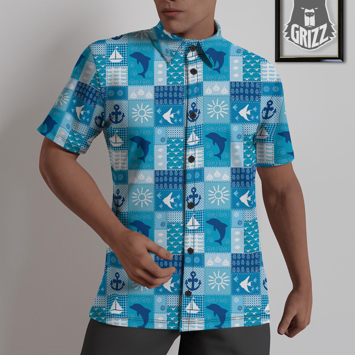 Nautical Sea Animal Patchwork Retro Print Pattern Untucked Shirts-grizzshop