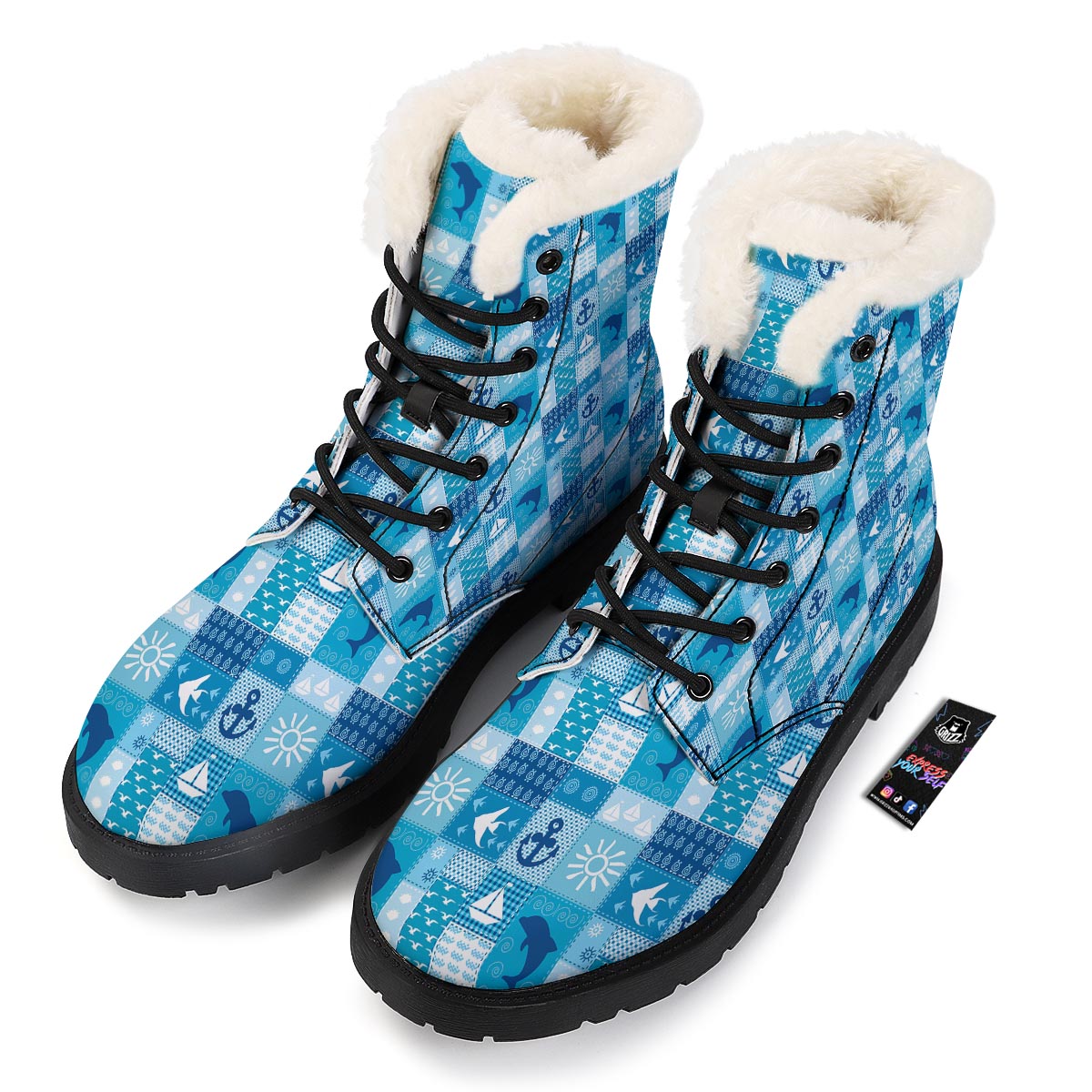 Nautical Sea Animal Patchwork Retro Print Pattern Winter Boots-grizzshop