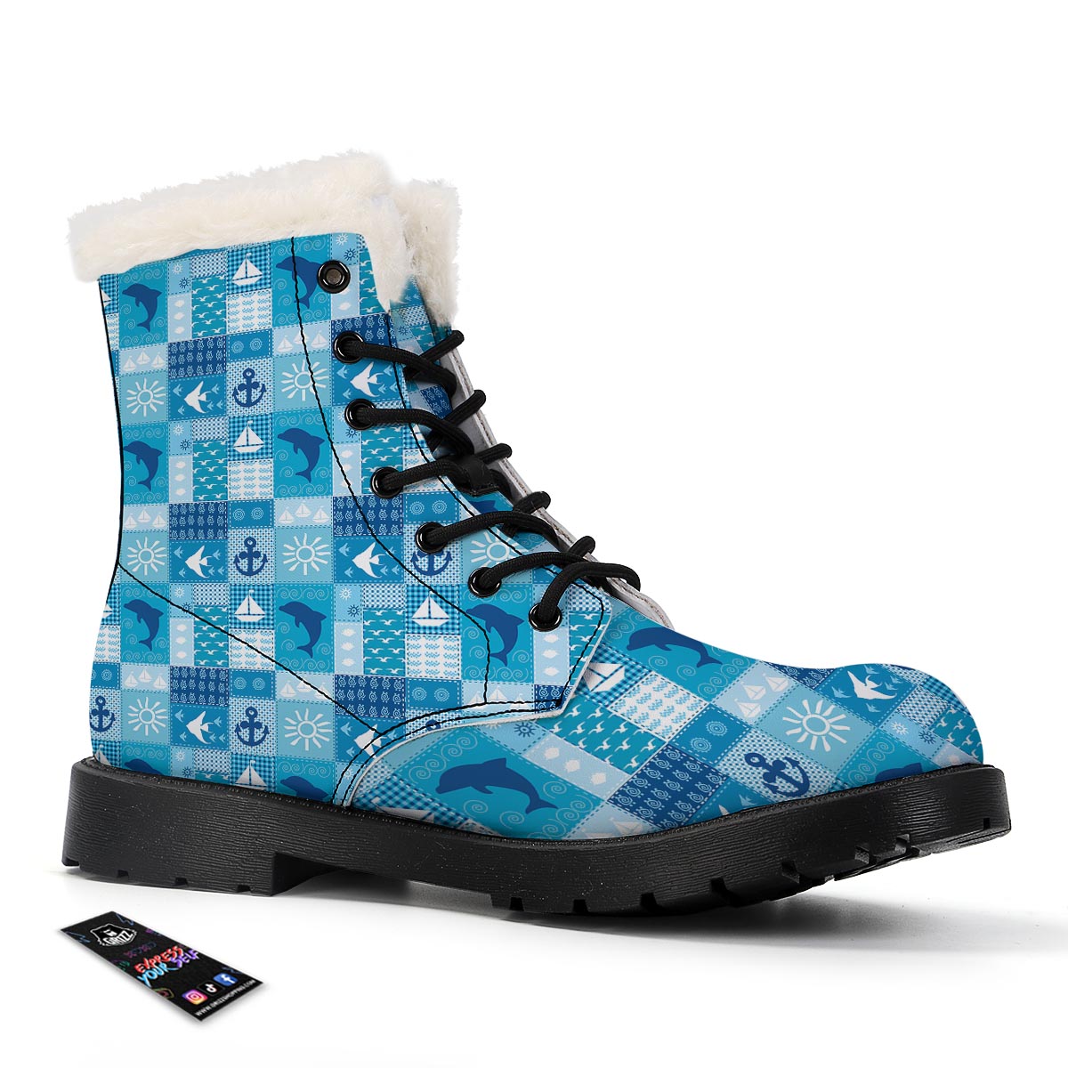 Nautical Sea Animal Patchwork Retro Print Pattern Winter Boots-grizzshop