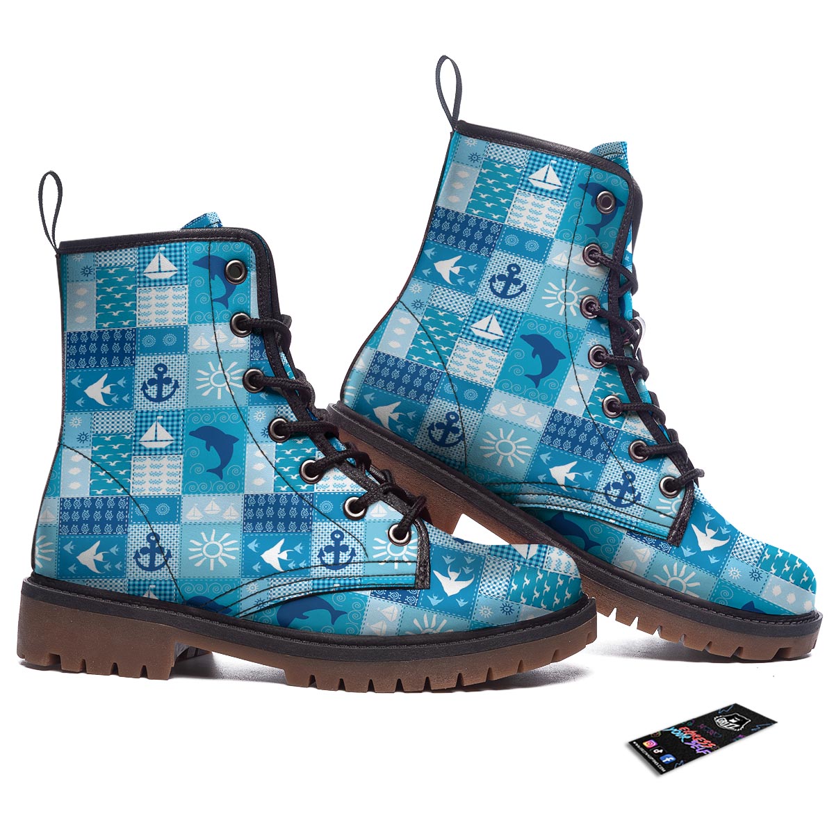 Nautical Sea Animal Patchwork Retro Print Pattern Work Boots-grizzshop