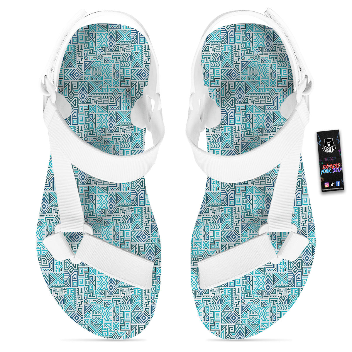 Navajo Ancient Geometric Print White Open Toe Sandals-grizzshop