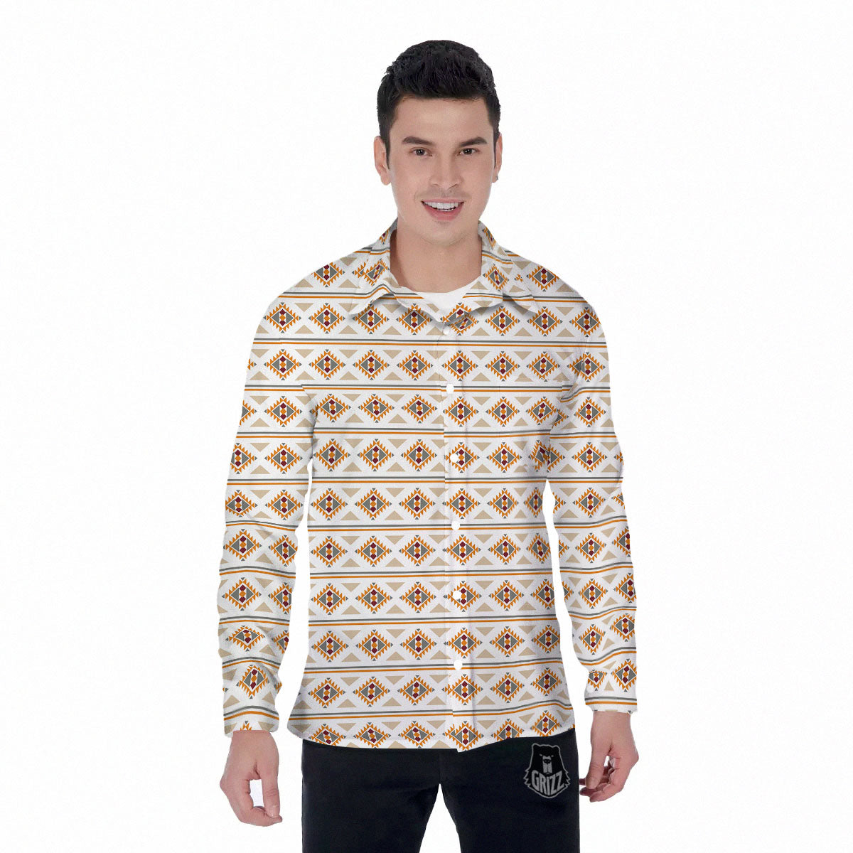 Navajo Ethnic Southwestern Print Pattern Men's Long Sleeve Shirts-grizzshop