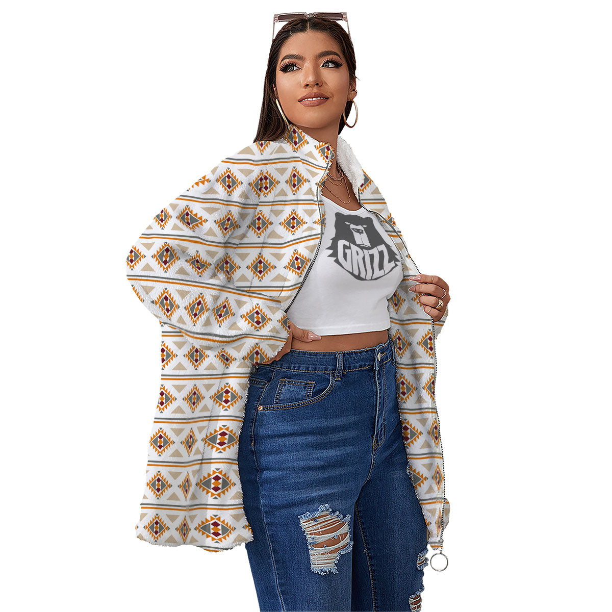Navajo Ethnic Southwestern Print Pattern Women's Sherpa Jacket-grizzshop
