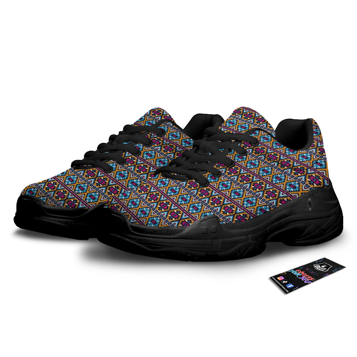 Navajo Geometric Ethnic Print Pattern Black Chunky Shoes-grizzshop
