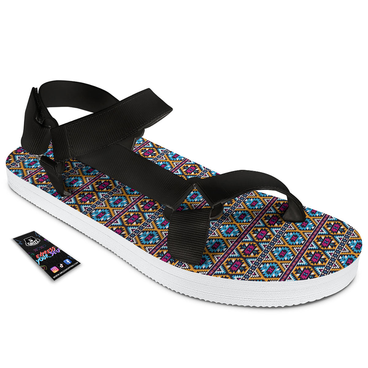 Navajo Geometric Ethnic Print Pattern Black Open Toe Sandals-grizzshop
