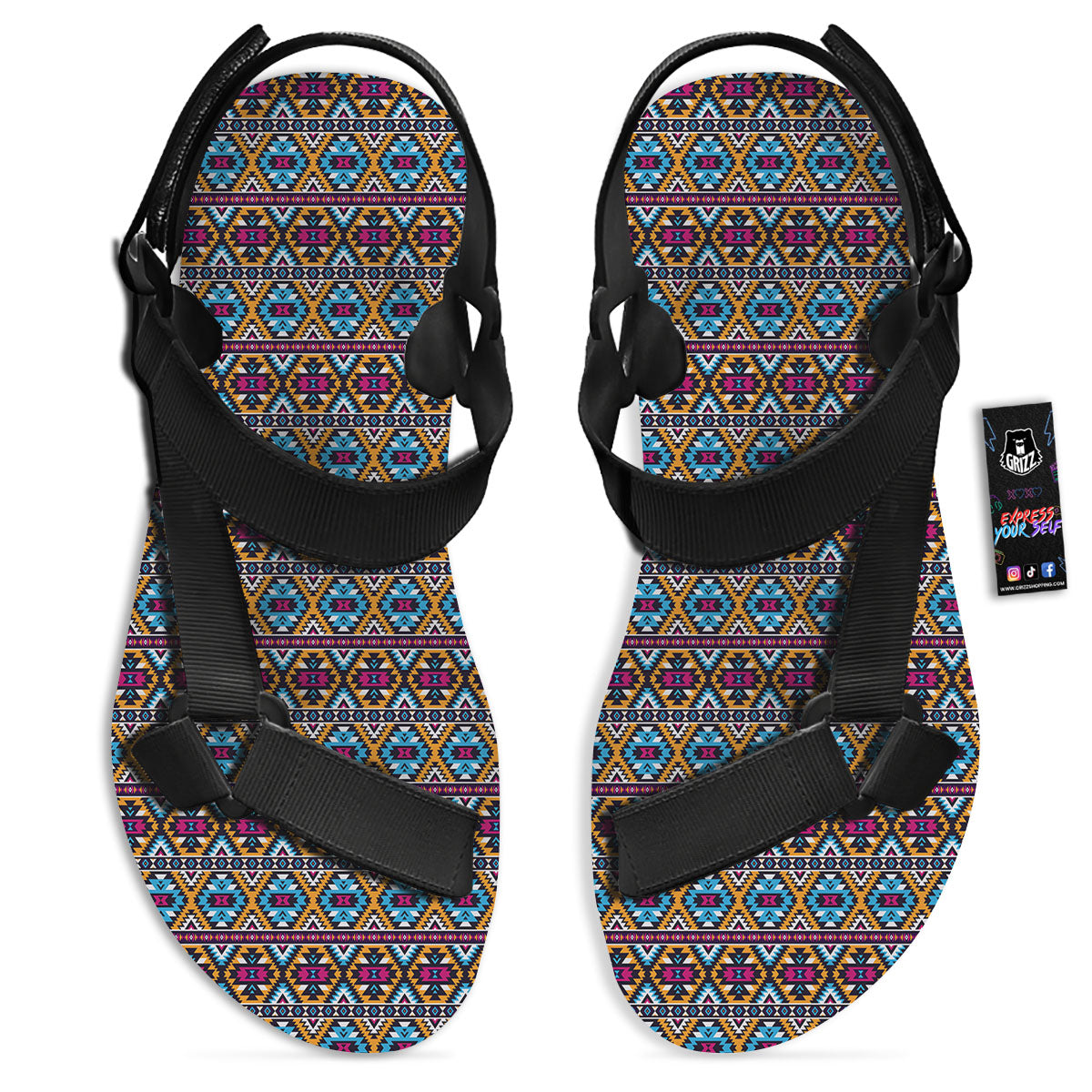Navajo Geometric Ethnic Print Pattern Black Open Toe Sandals-grizzshop