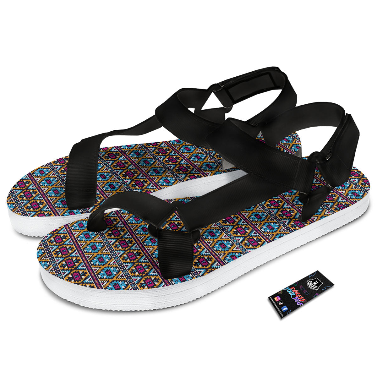 Navajo Geometric Ethnic Print Pattern Black Open Toe Sandals-grizzshop
