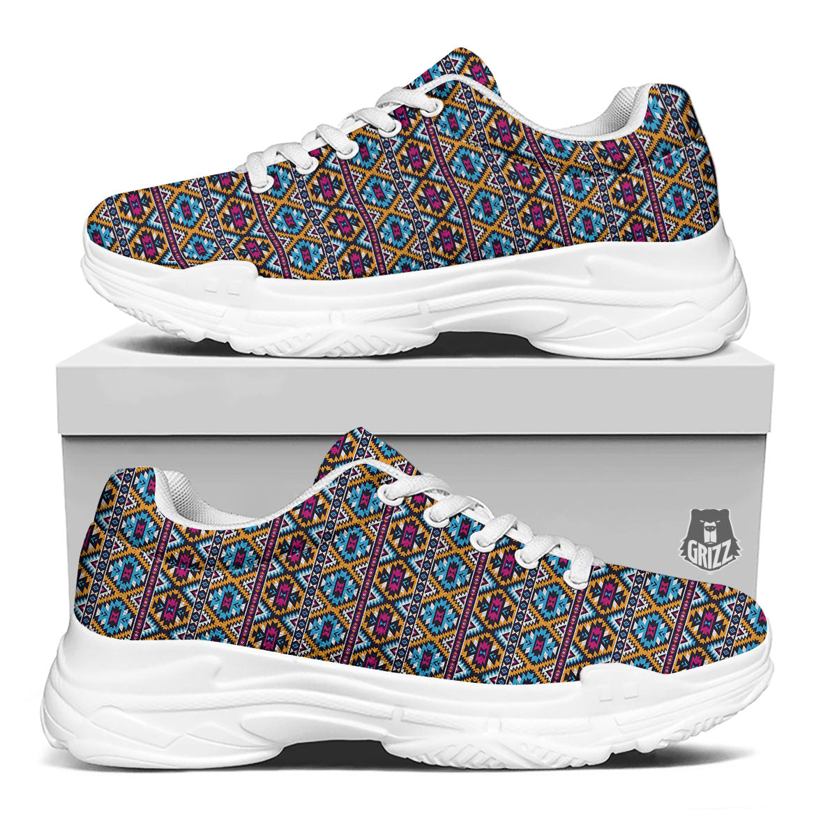 Navajo Geometric Ethnic Print Pattern White Chunky Shoes-grizzshop