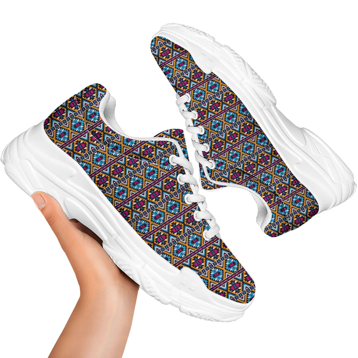 Navajo Geometric Ethnic Print Pattern White Chunky Shoes-grizzshop