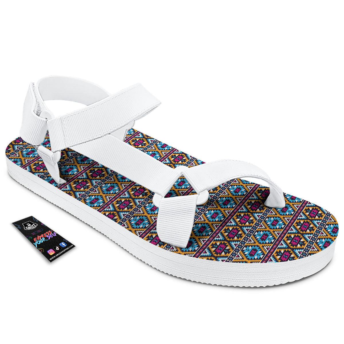 Navajo Geometric Ethnic Print Pattern White Open Toe Sandals-grizzshop