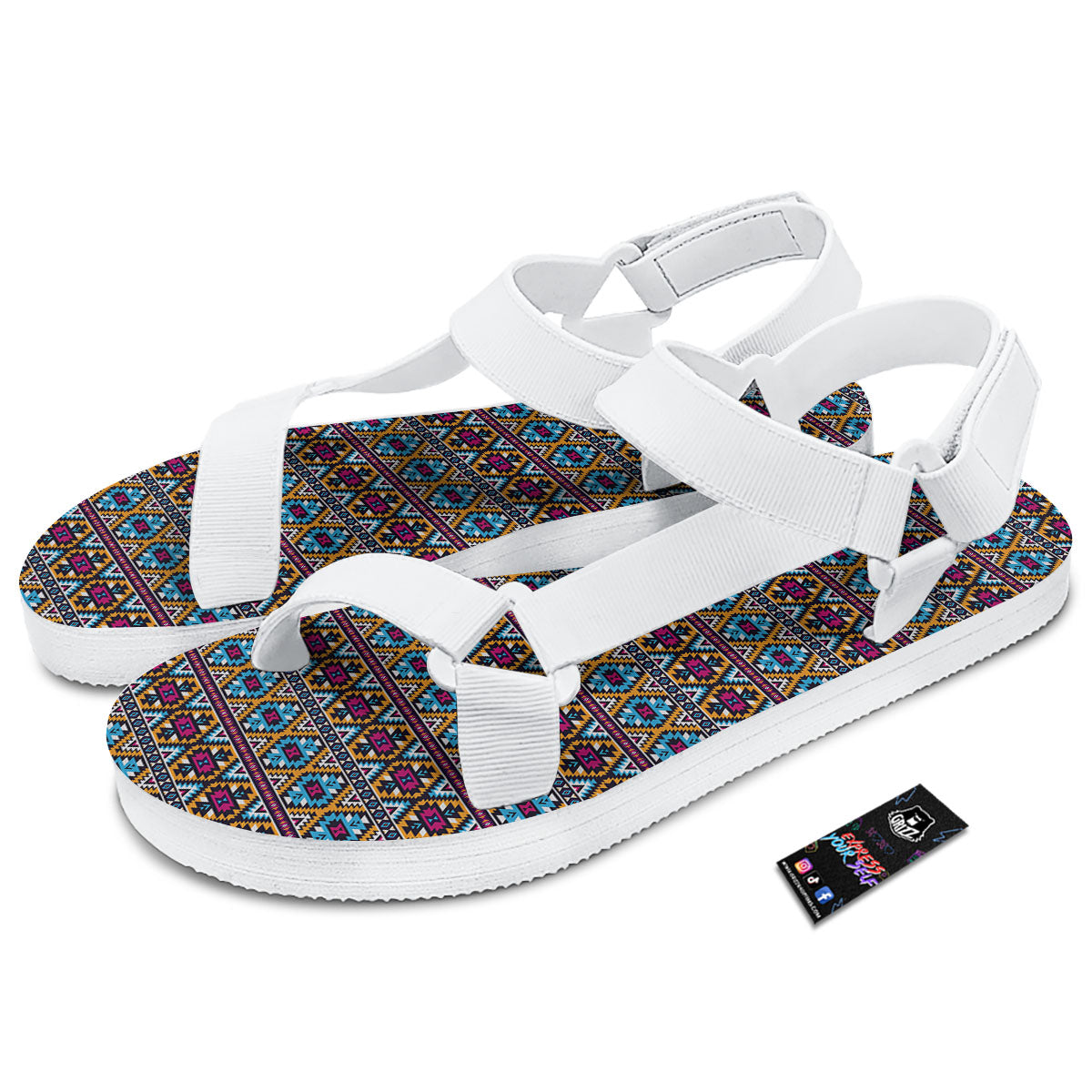 Navajo Geometric Ethnic Print Pattern White Open Toe Sandals-grizzshop