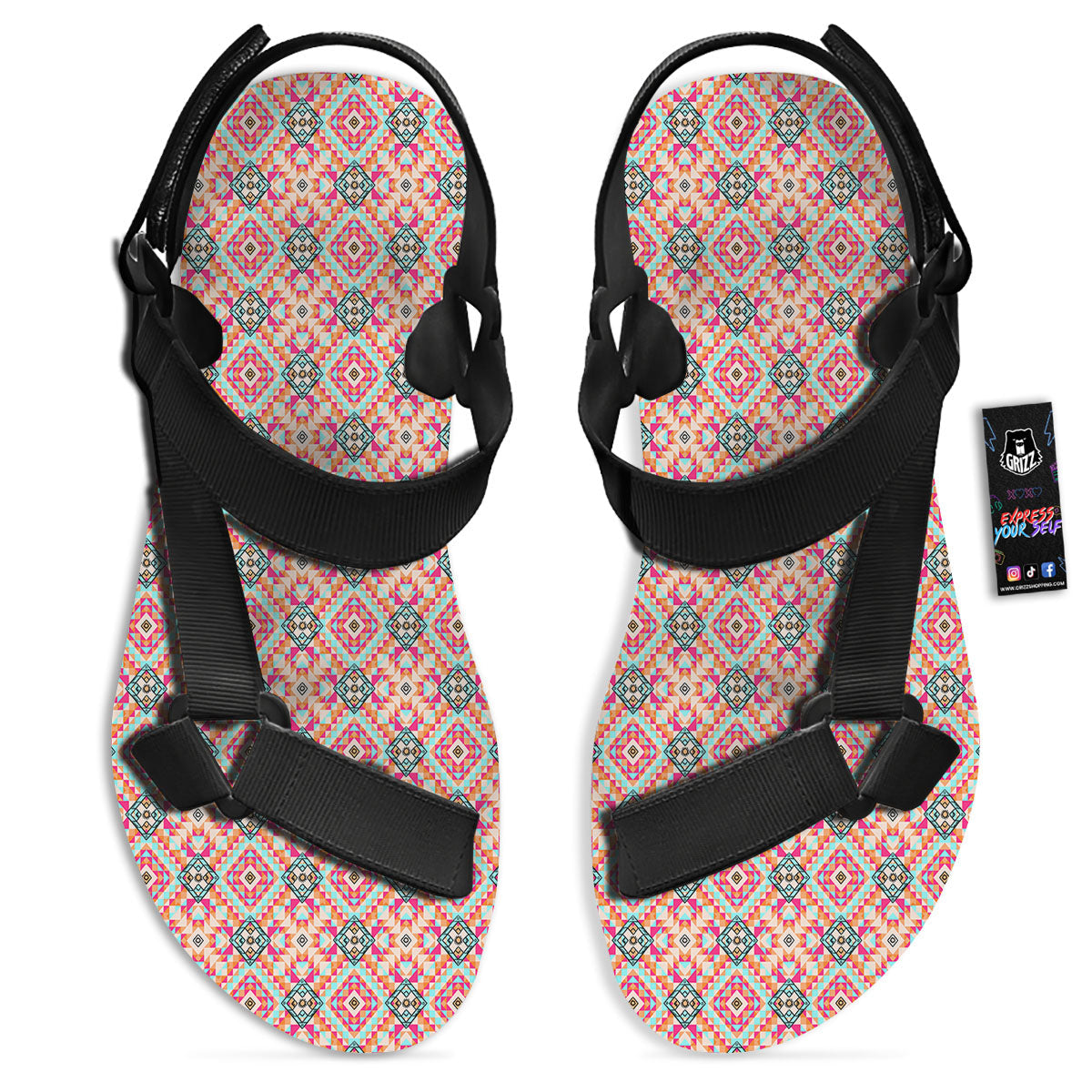 Navajo Geometric Native Print Black Open Toe Sandals-grizzshop