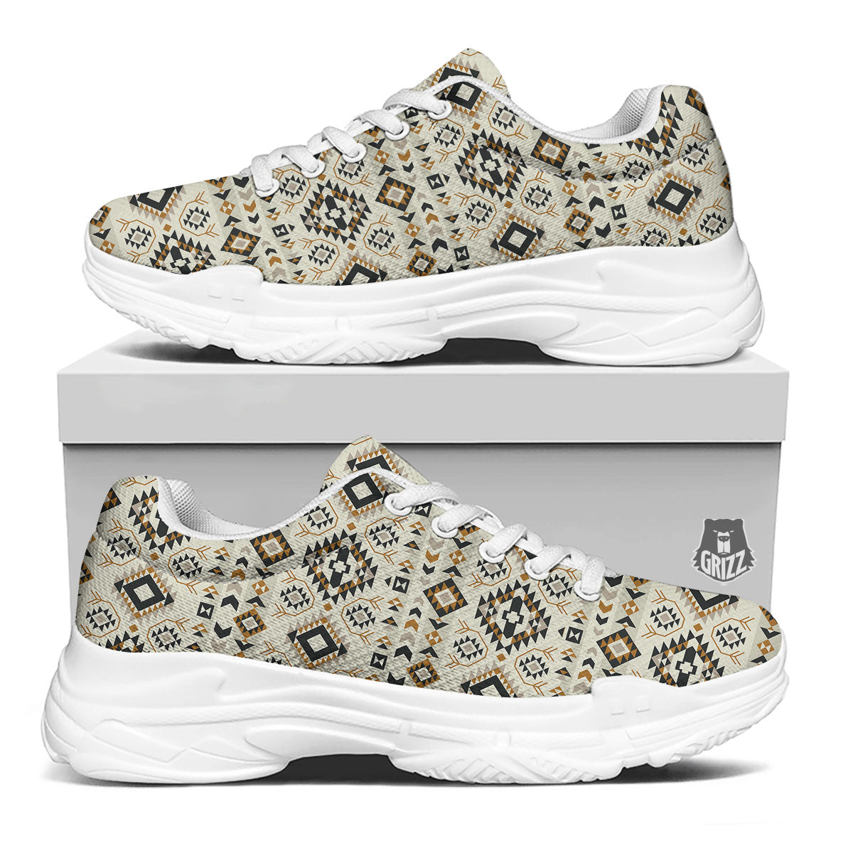 Navajo Geometric Style Print Pattern White Chunky Shoes-grizzshop
