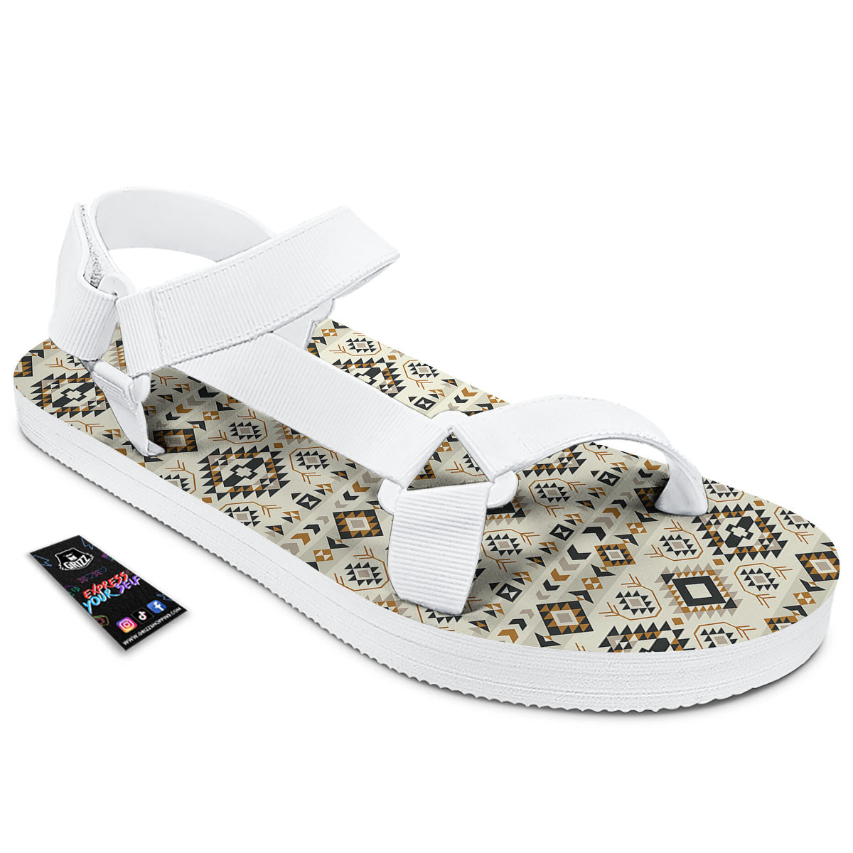 Navajo Geometric Style Print Pattern White Open Toe Sandals-grizzshop
