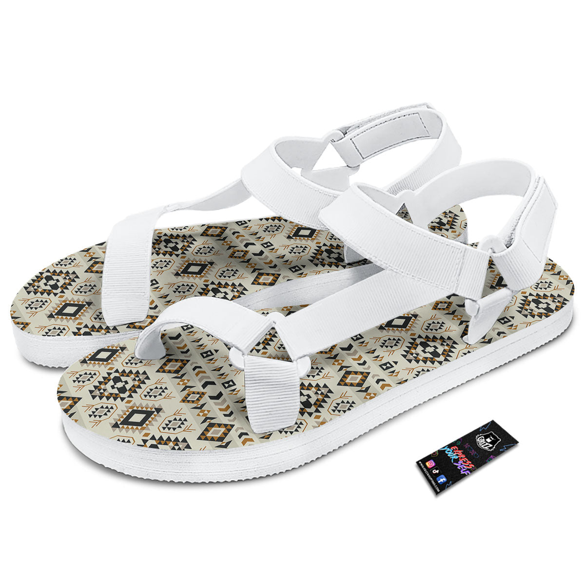 Navajo Geometric Style Print Pattern White Open Toe Sandals-grizzshop