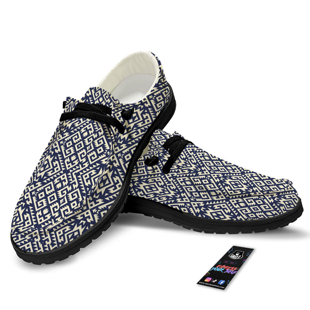 Navajo Native Indian Print Pattern Black Loafers-grizzshop