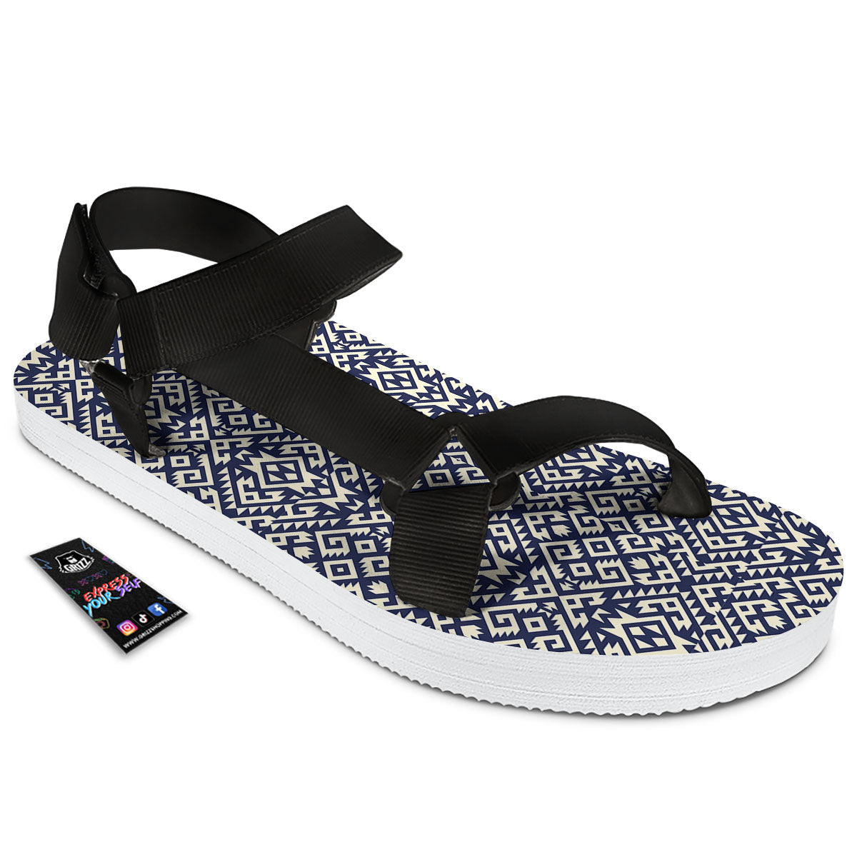 Navajo Native Indian Print Pattern Black Open Toe Sandals-grizzshop