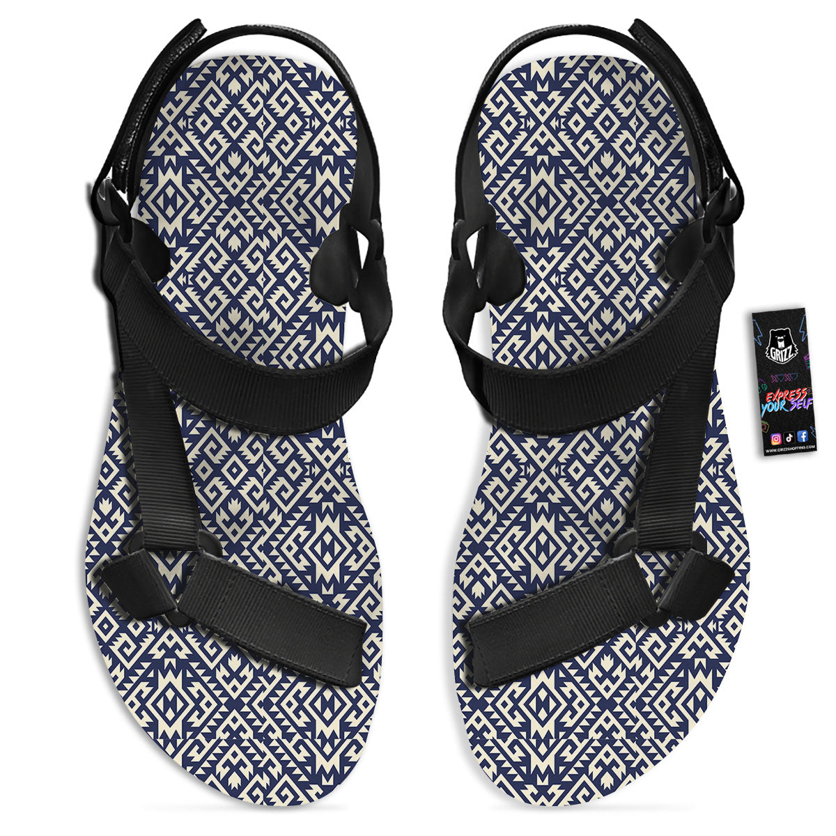 Navajo Native Indian Print Pattern Black Open Toe Sandals-grizzshop