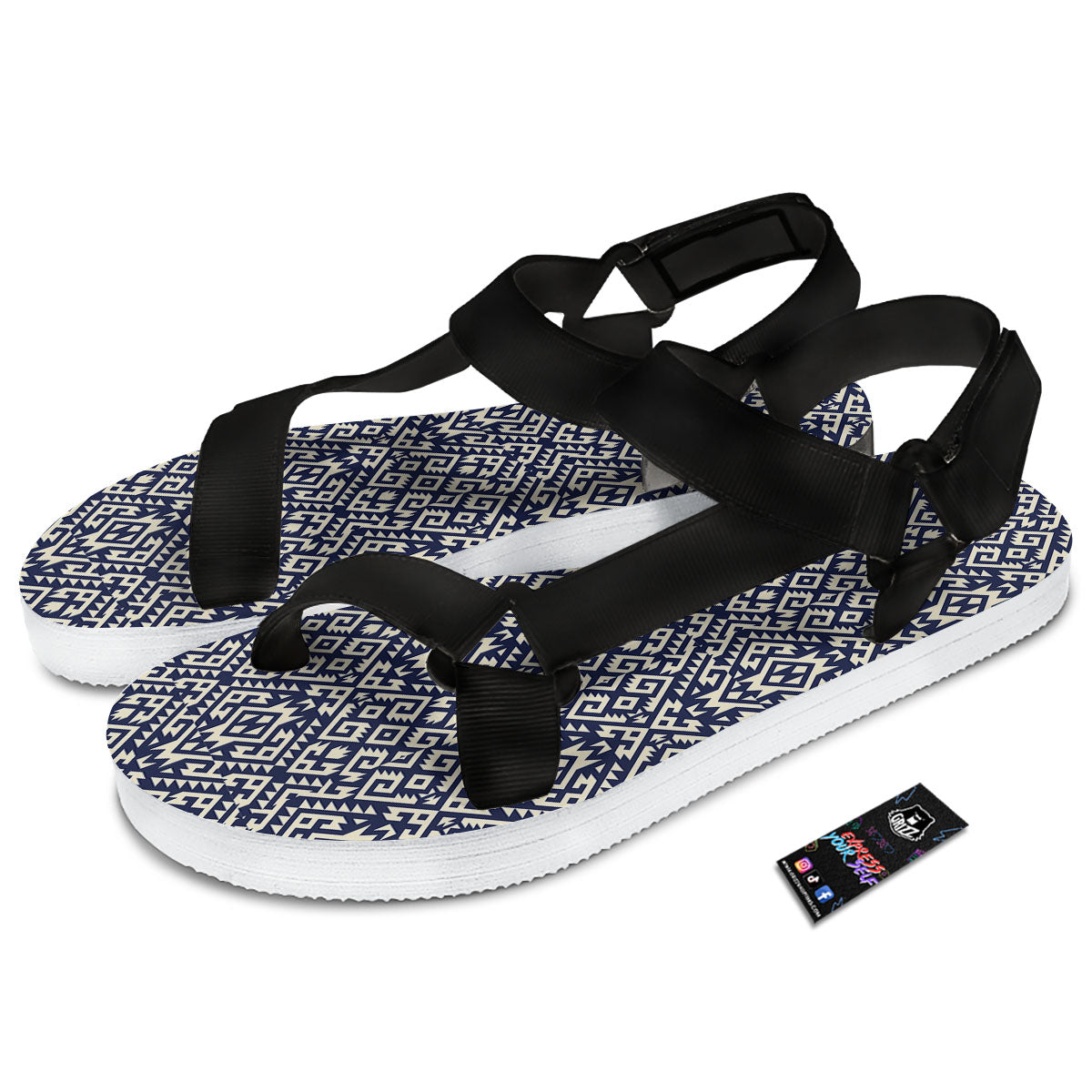 Navajo Native Indian Print Pattern Black Open Toe Sandals-grizzshop