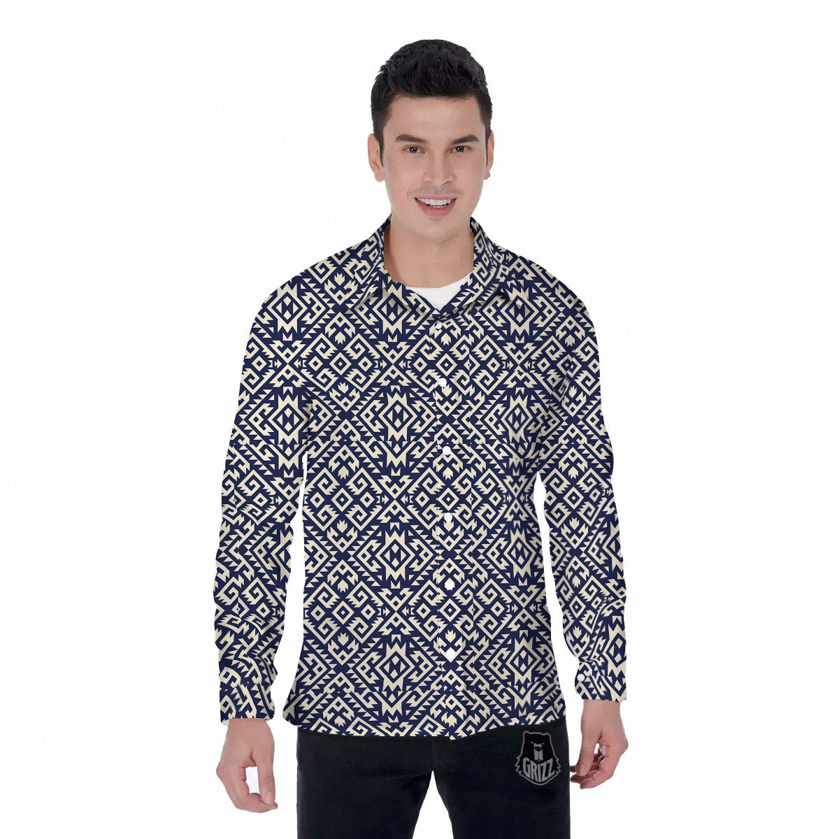 Navajo Native Indian Print Pattern Men's Long Sleeve Shirts-grizzshop
