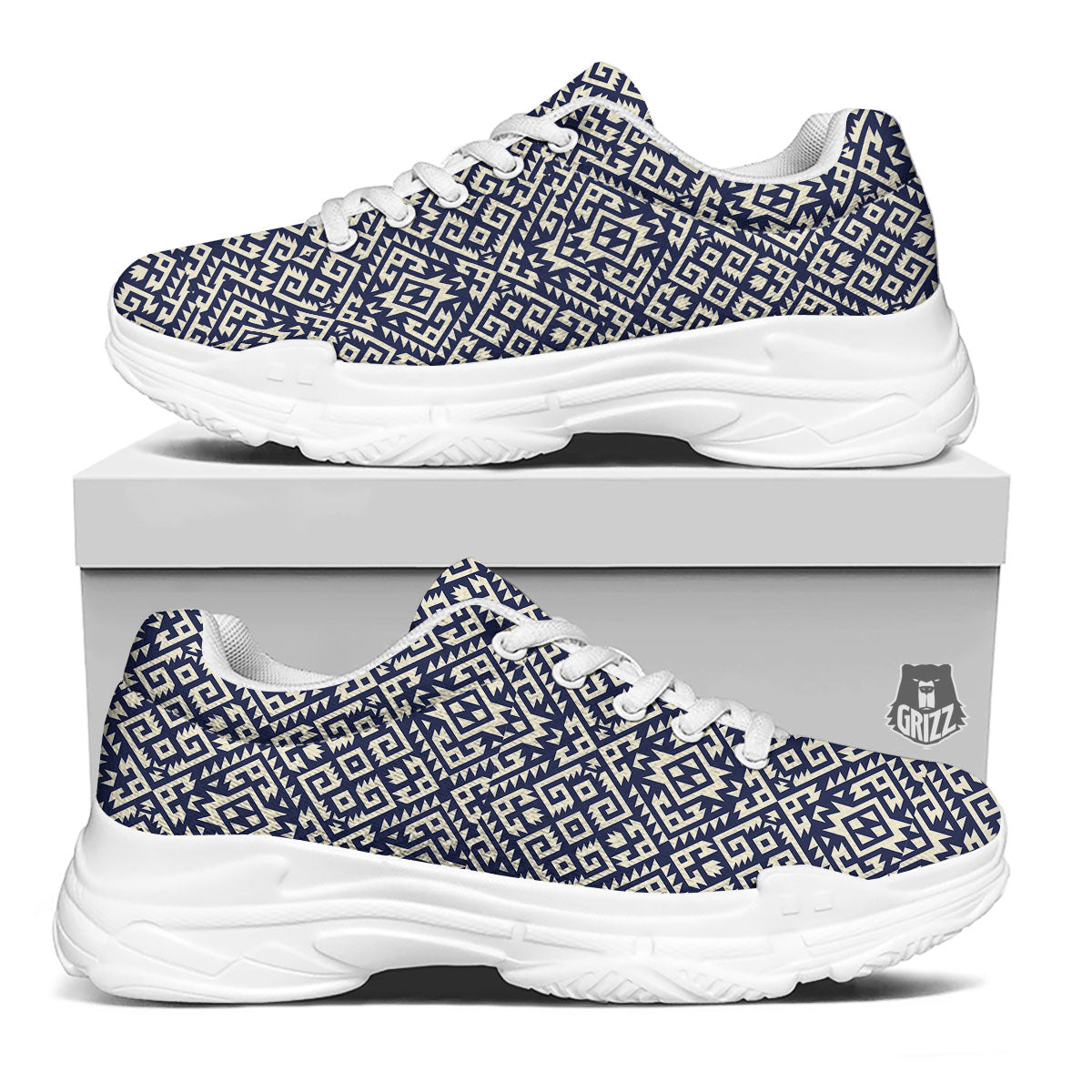 Navajo Native Indian Print Pattern White Chunky Shoes-grizzshop