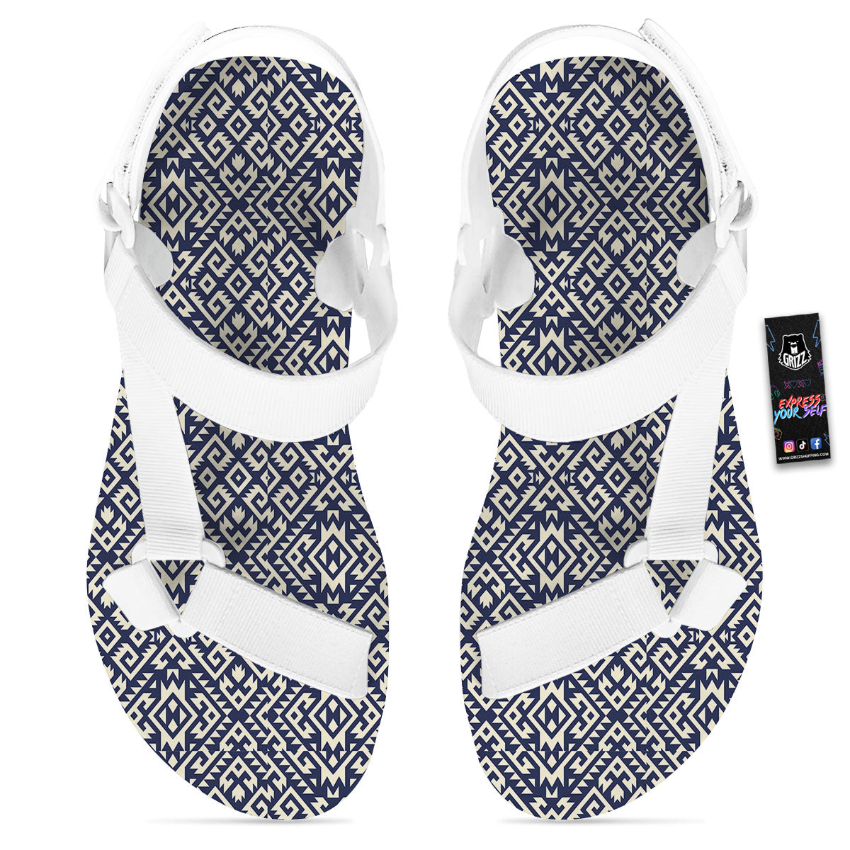 Navajo Native Indian Print Pattern White Open Toe Sandals-grizzshop