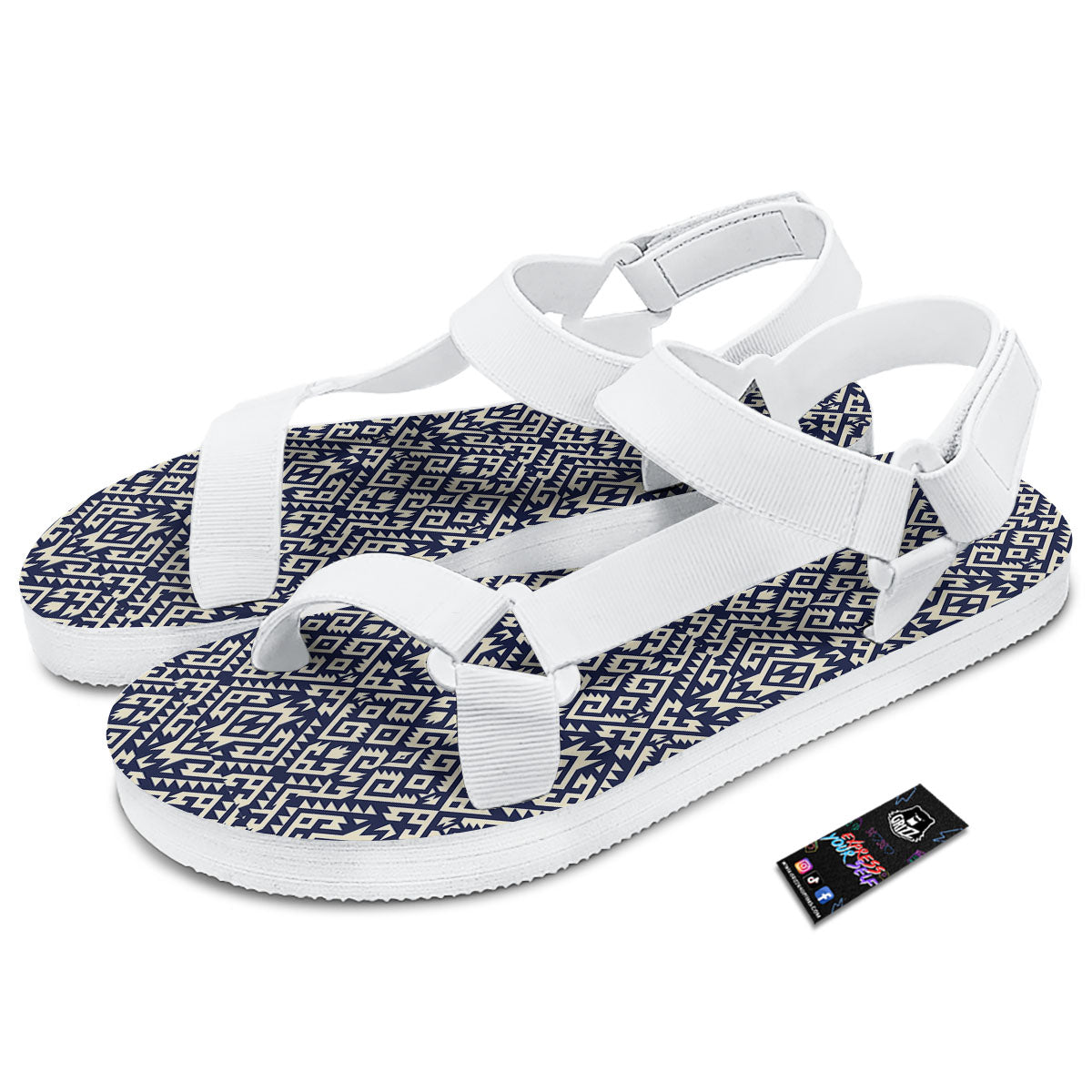 Navajo Native Indian Print Pattern White Open Toe Sandals-grizzshop