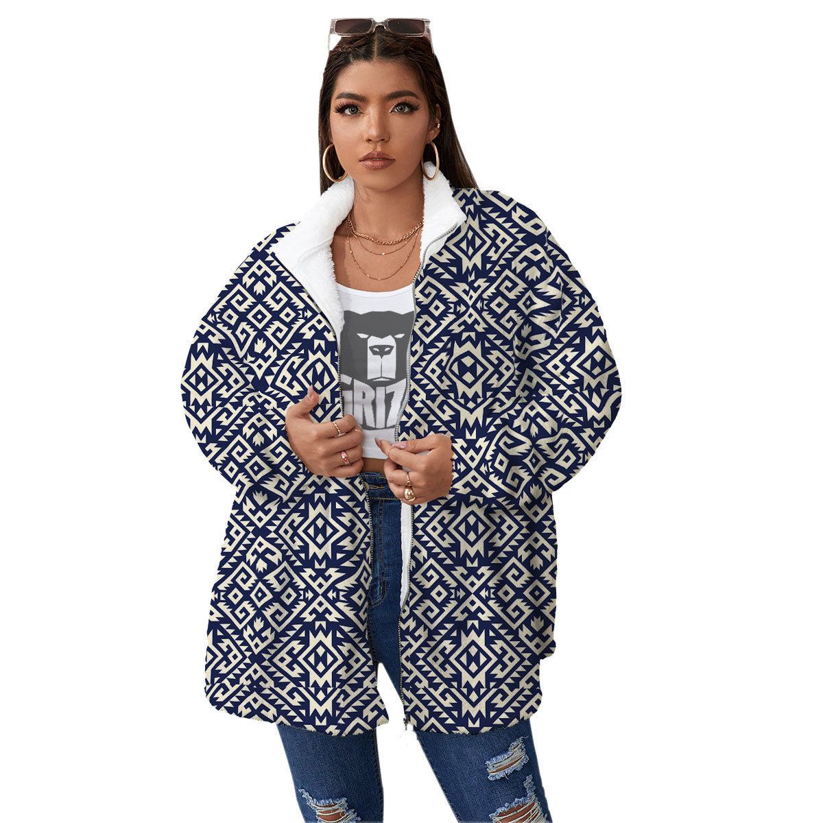 Navajo Native Indian Print Pattern Women's Sherpa Jacket-grizzshop