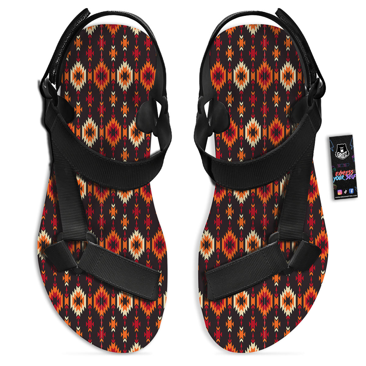 Navajo Native Pattern Black Open Toe Sandals-grizzshop