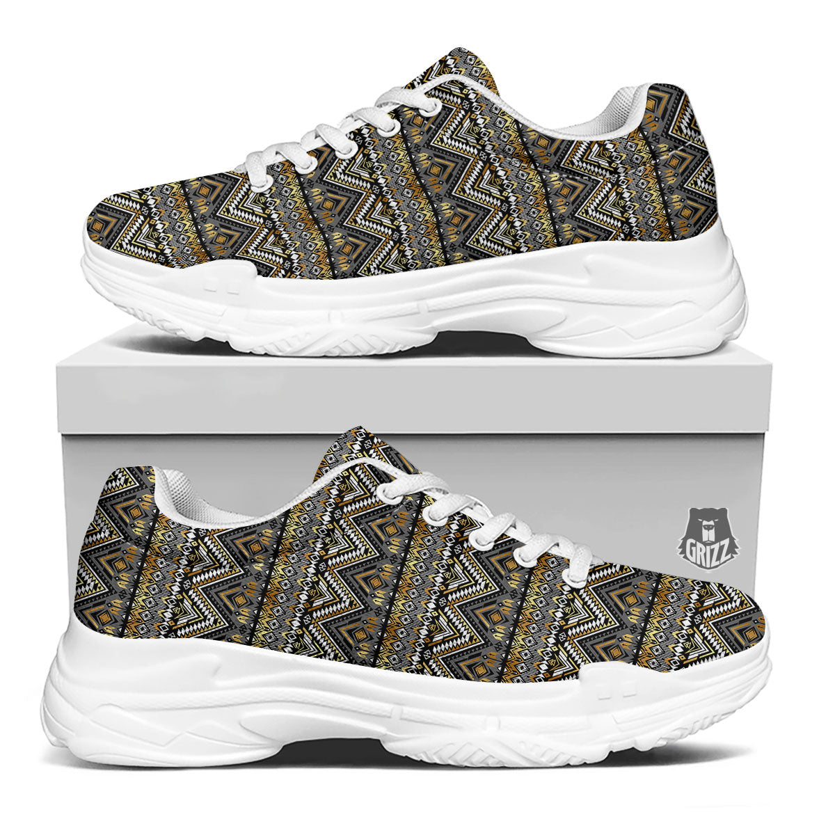Navajo Native Tribal Print Pattern White Chunky Shoes-grizzshop