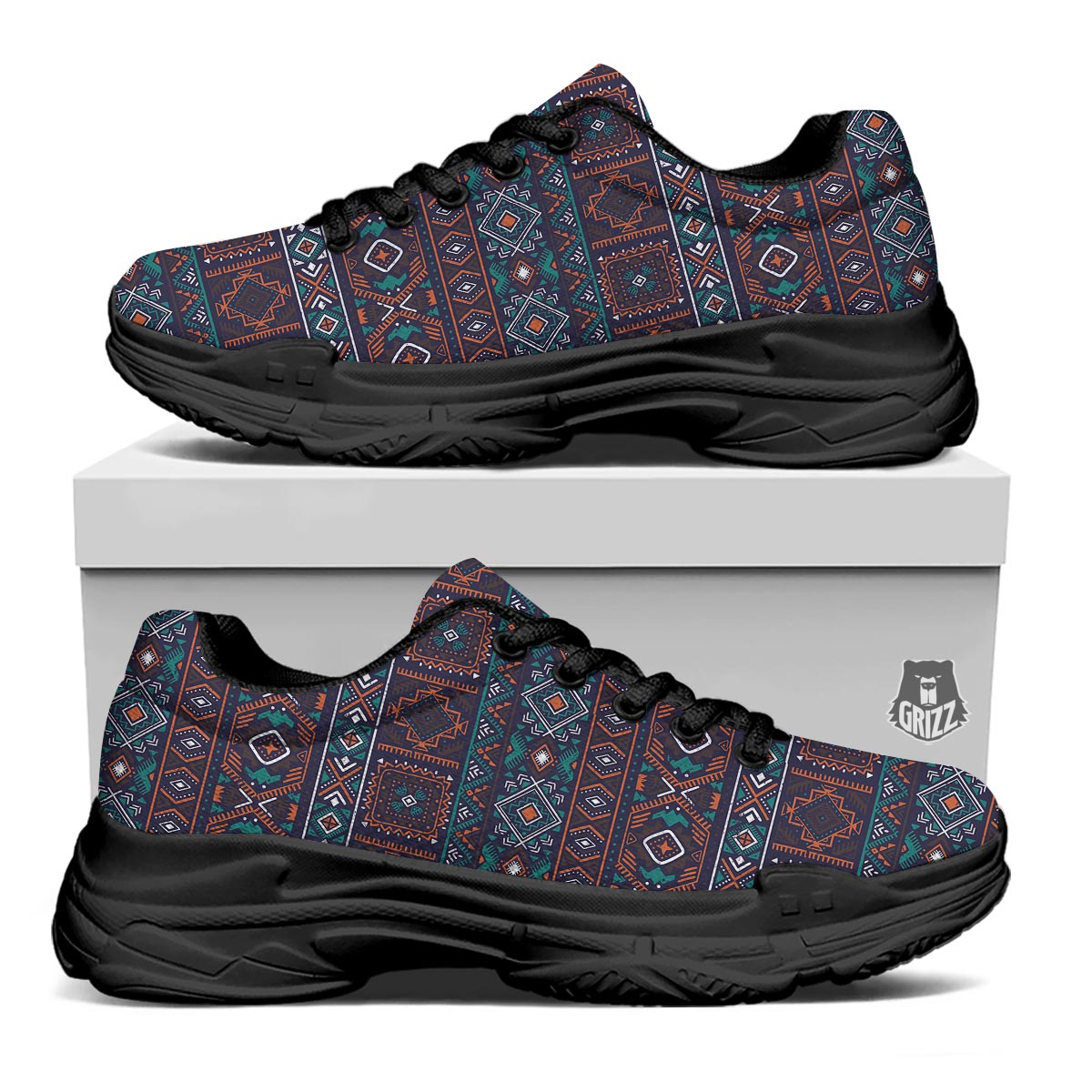 Navajo Retro Tribal Print Pattern Black Chunky Shoes-grizzshop