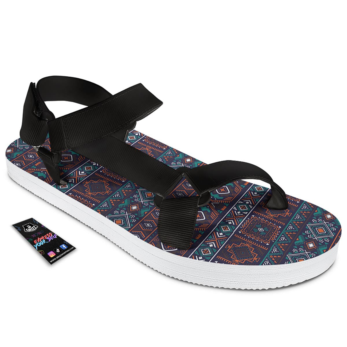 Navajo Retro Tribal Print Pattern Black Open Toe Sandals-grizzshop
