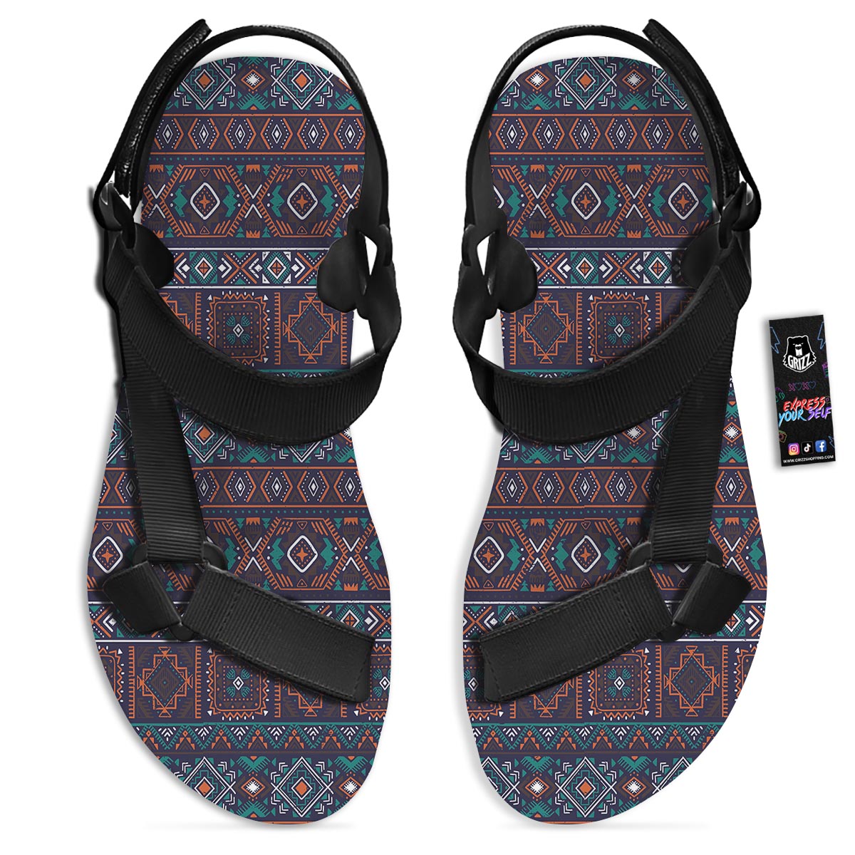 Navajo Retro Tribal Print Pattern Black Open Toe Sandals-grizzshop