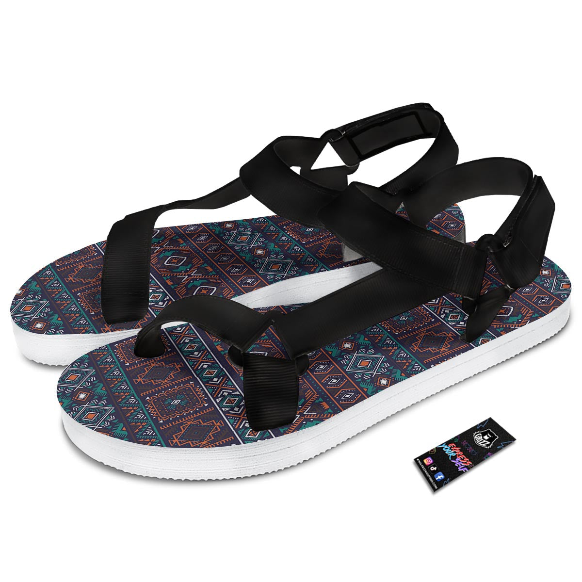 Navajo Retro Tribal Print Pattern Black Open Toe Sandals-grizzshop